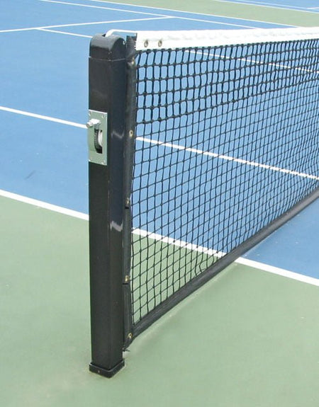 Representative photo: square tennis net post with net installed on a court