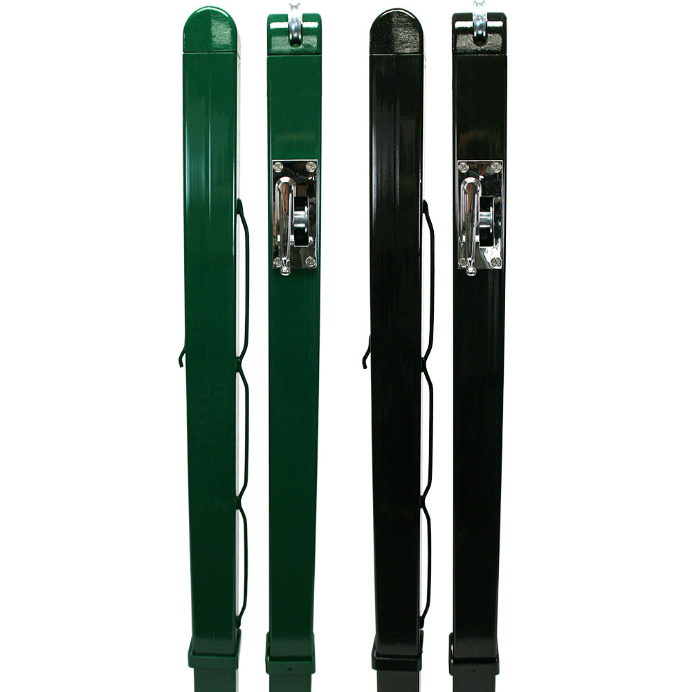 Representative photo: 3 inch square steel tennis net posts with internal wind, green and black