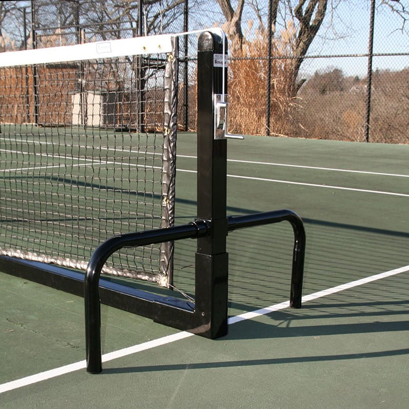 Representative photo: portable tennis net post on its rolling base frame