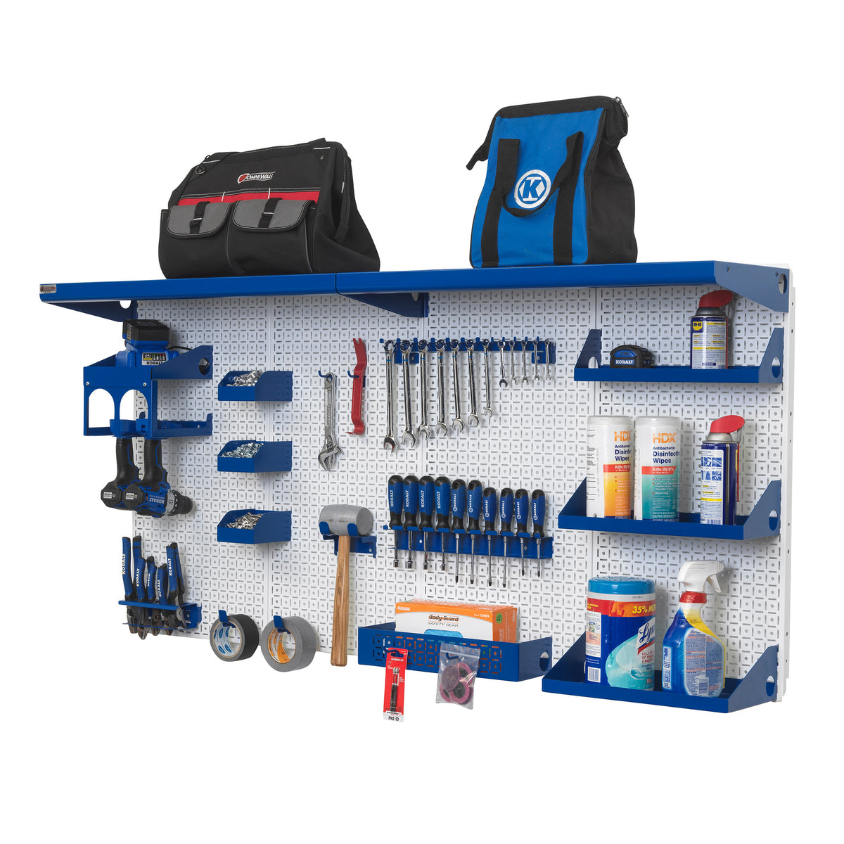 OmniWall 4 Panel Kit in white with blue accessories
