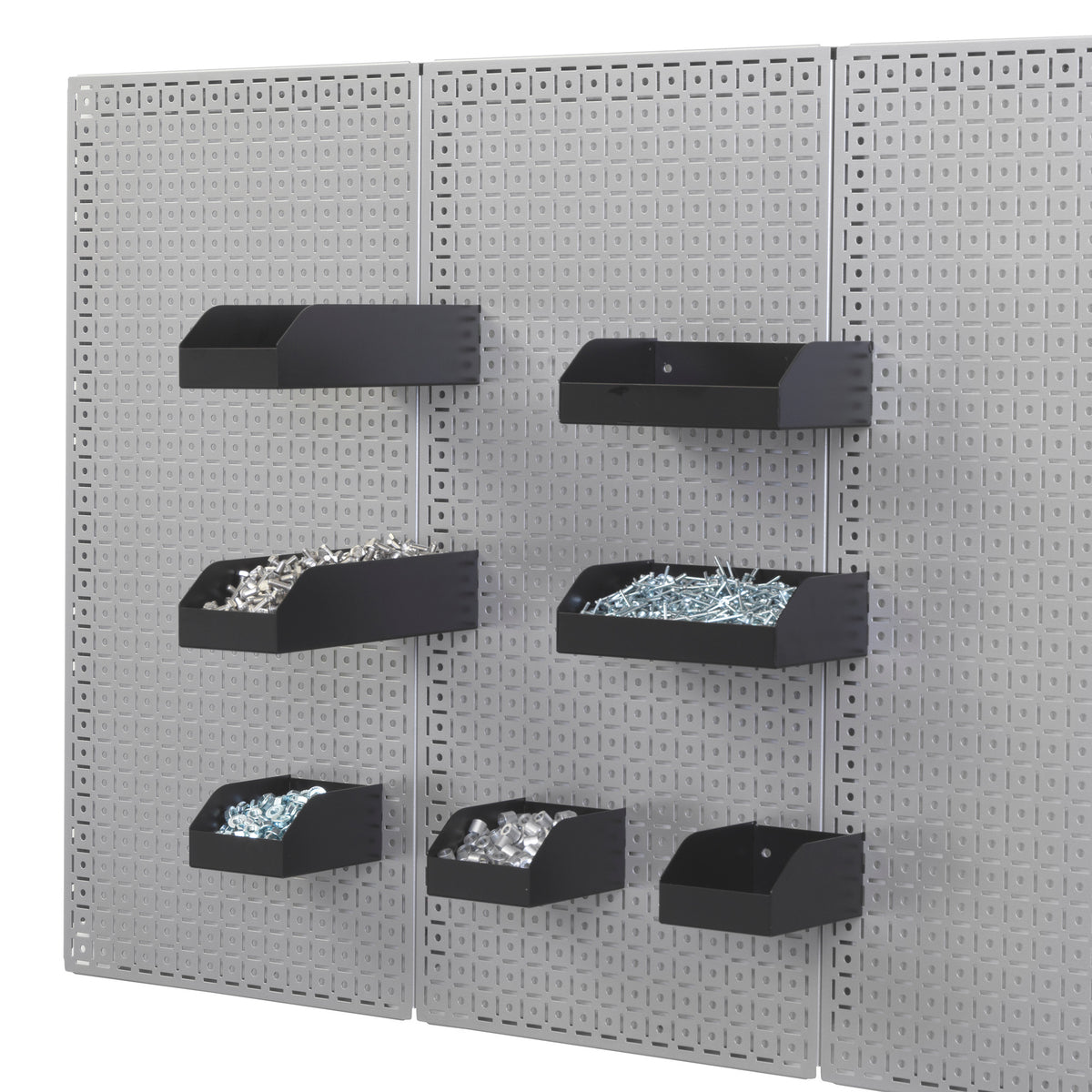 OmniWall Metal Storage Bin Variety Pack mounted on OmniWall panel
