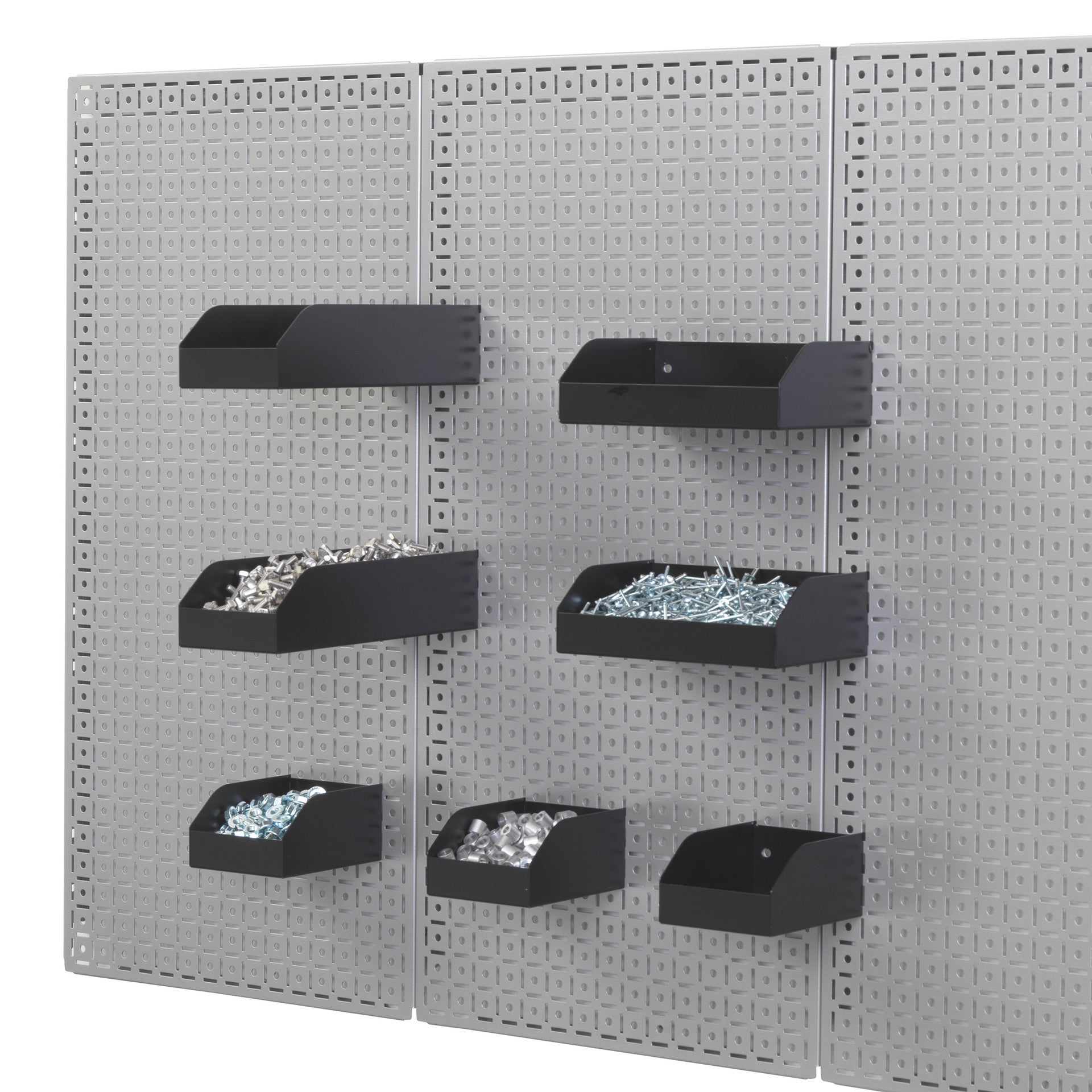 OmniWall Metal Storage Bin Variety Pack mounted on OmniWall panel