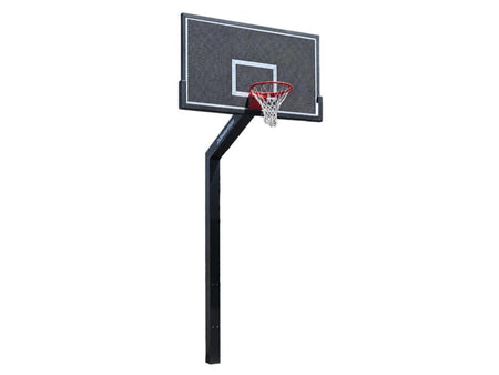 Dominator 72 inch fixed height basketball hoop, black perforated aluminum backboard on a direct burial square pole