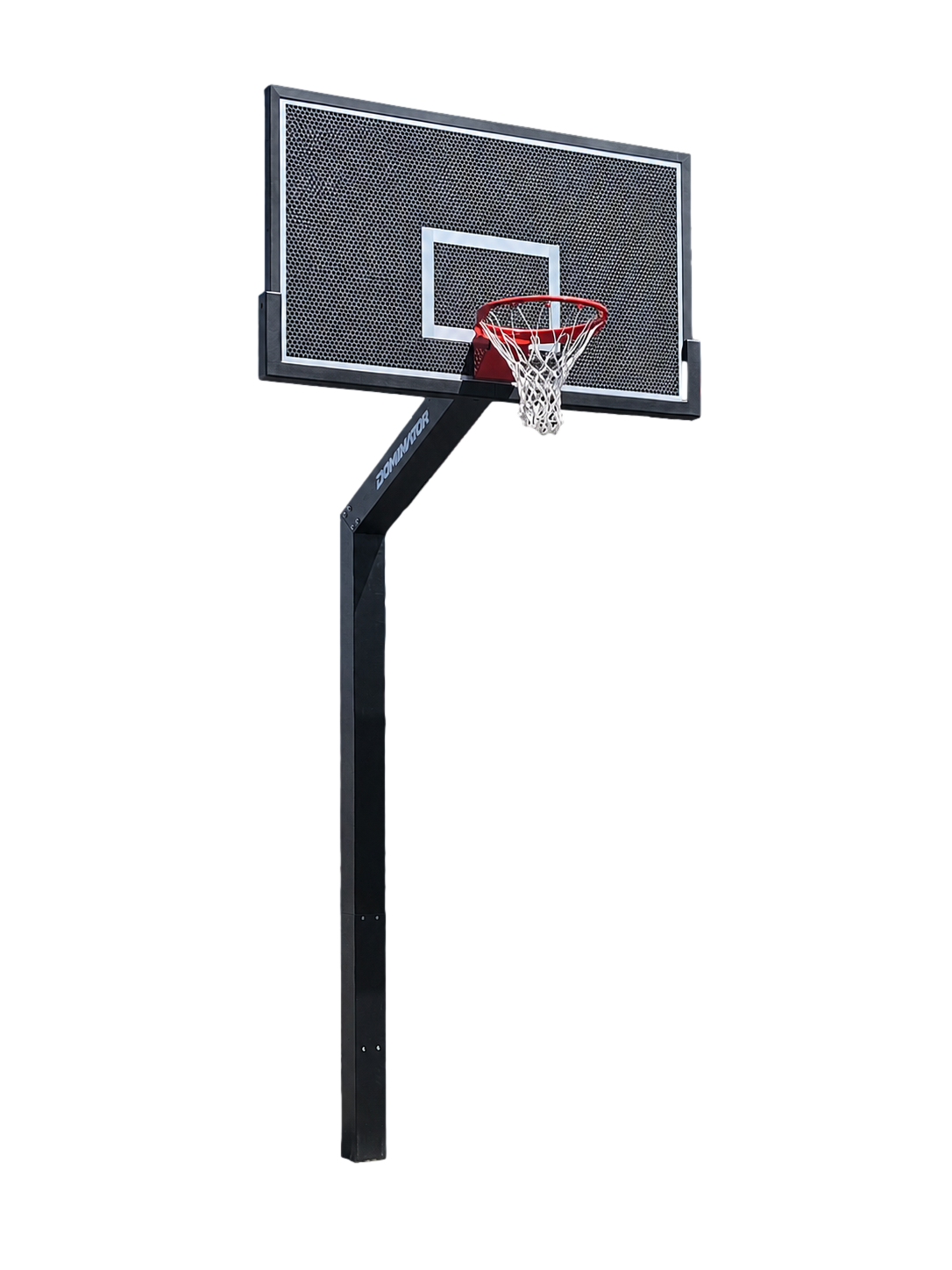 Dominator 72 inch fixed height basketball hoop with black perforated aluminum backboard