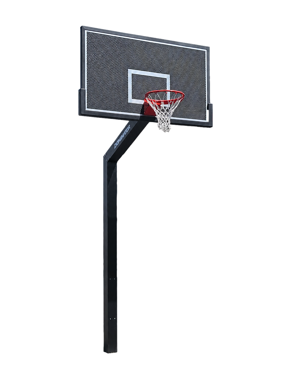 Dominator 72 inch fixed height basketball hoop with black perforated aluminum backboard