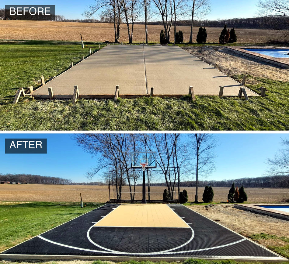 Before and after: poured concrete slab, then the finished half court with in-ground basketball hoop installed by Shop Designs in Hebron, Indiana