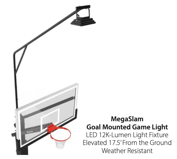 Mega Slam Hoops goal mounted LED game light above a basketball hoop