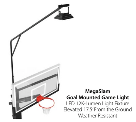Mega Slam Hoops goal mounted LED game light above a basketball hoop