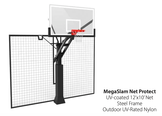 Mega Slam Hoops Net Protect 12 by 10 foot rebound net beside a basketball hoop