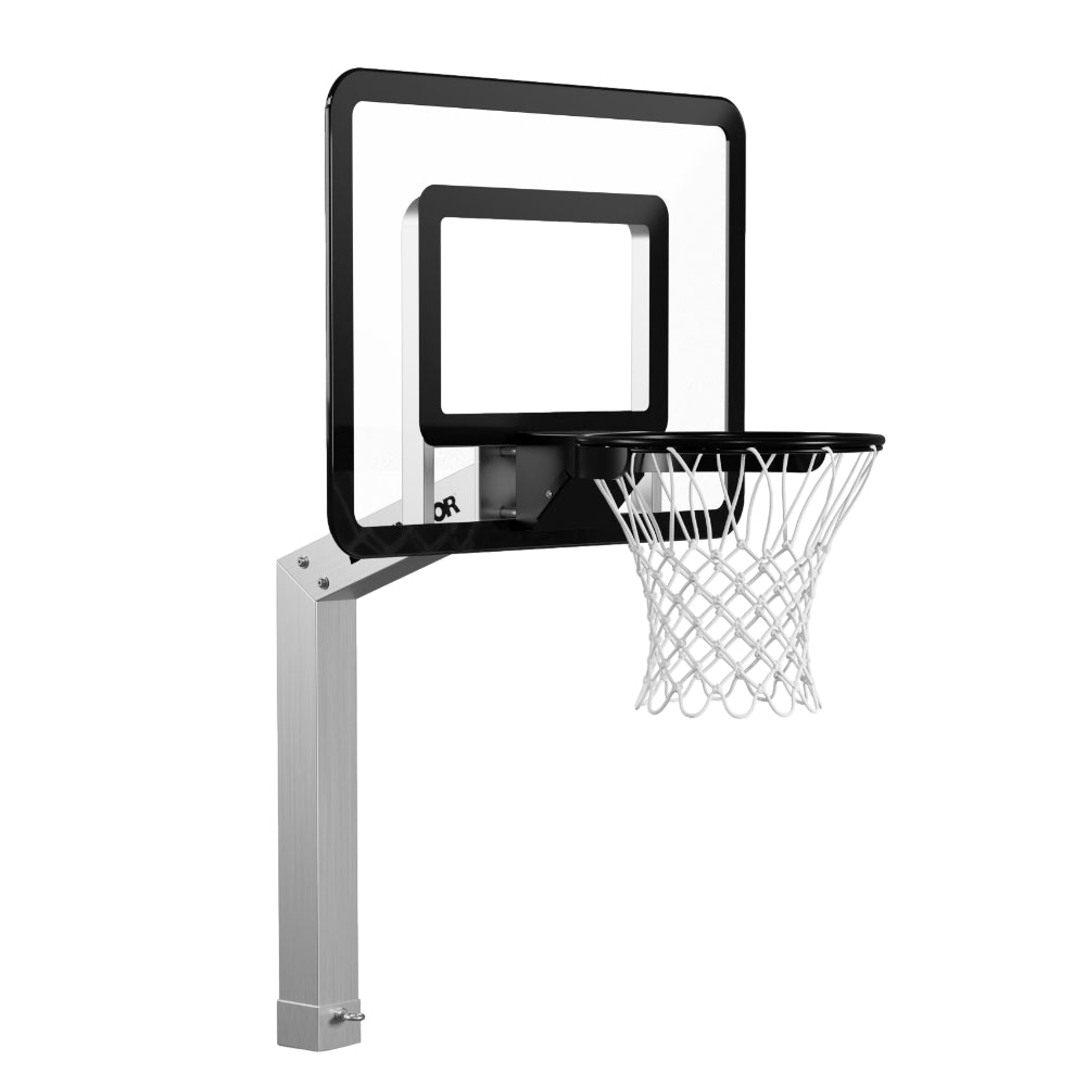 Dominator in ground aluminum poolside basketball hoop with acrylic backboard mounted at pool deck