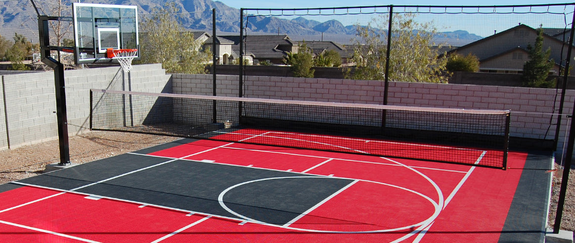 Rebounder net frame behind a basketball hoop