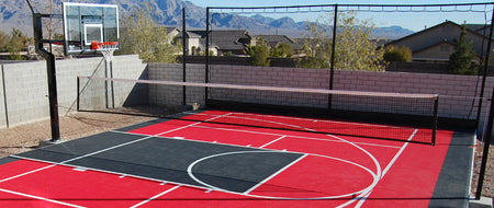 Rebounder net frame behind a basketball hoop