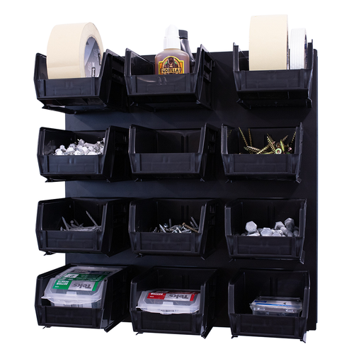 OmniWall Bin Storage Panel (Includes 12 Black Plastic Bins & Cleats)
